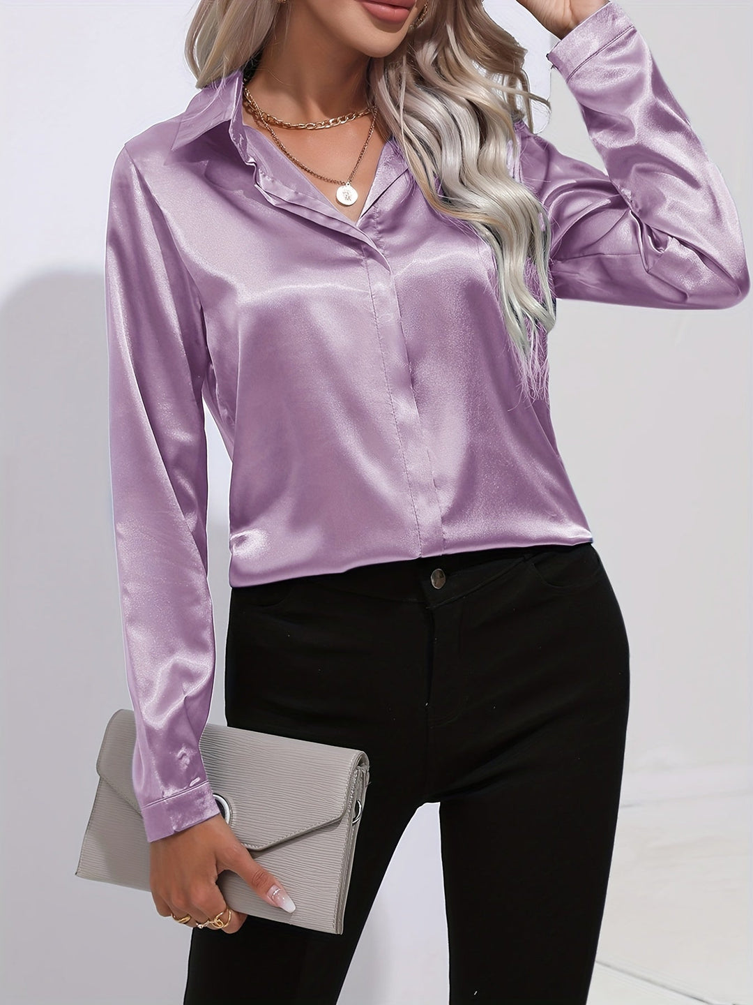 Satin Blouse - Glänsande Långärmad Skjorta med Knappar för Kvinnor-Eva Jonsson