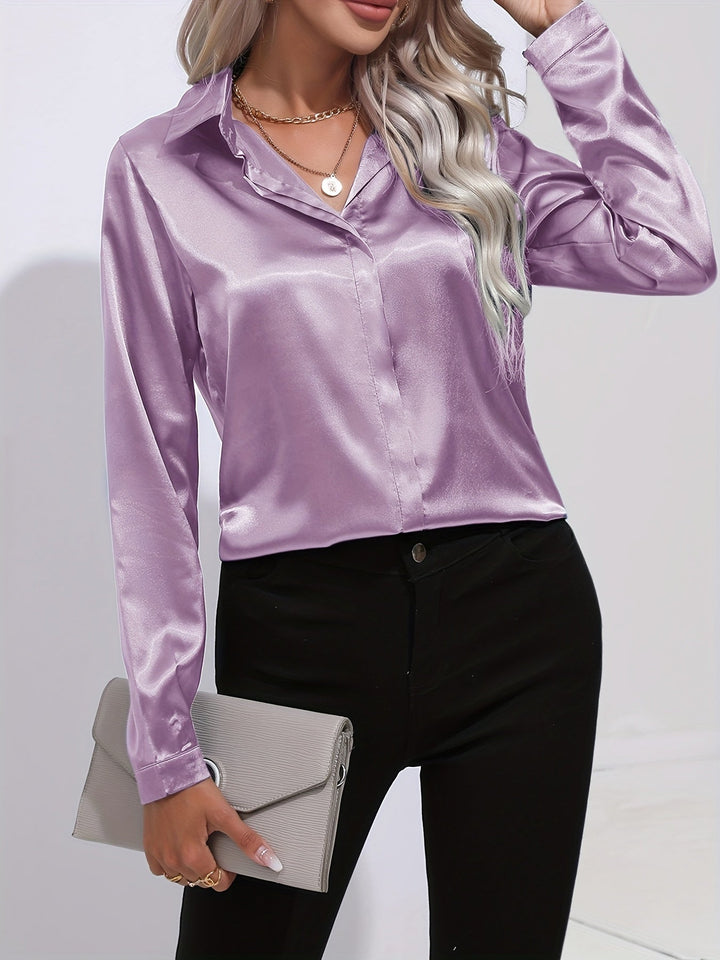Satin Blouse - Glänsande Långärmad Skjorta med Knappar för Kvinnor-Eva Jonsson