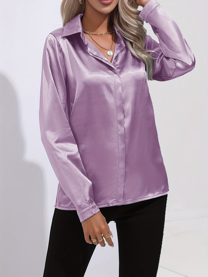 Satin Blouse - Glänsande Långärmad Skjorta med Knappar för Kvinnor-Eva Jonsson