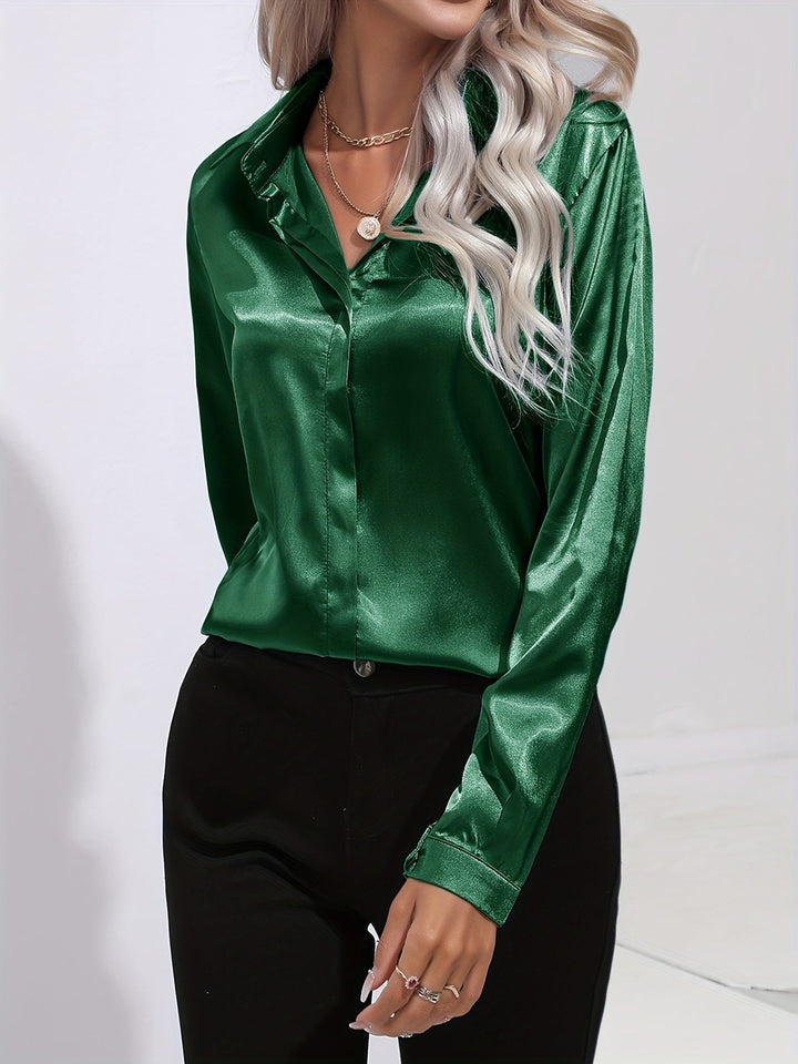 Satin Blouse - Glänsande Långärmad Skjorta med Knappar för Kvinnor-Eva Jonsson