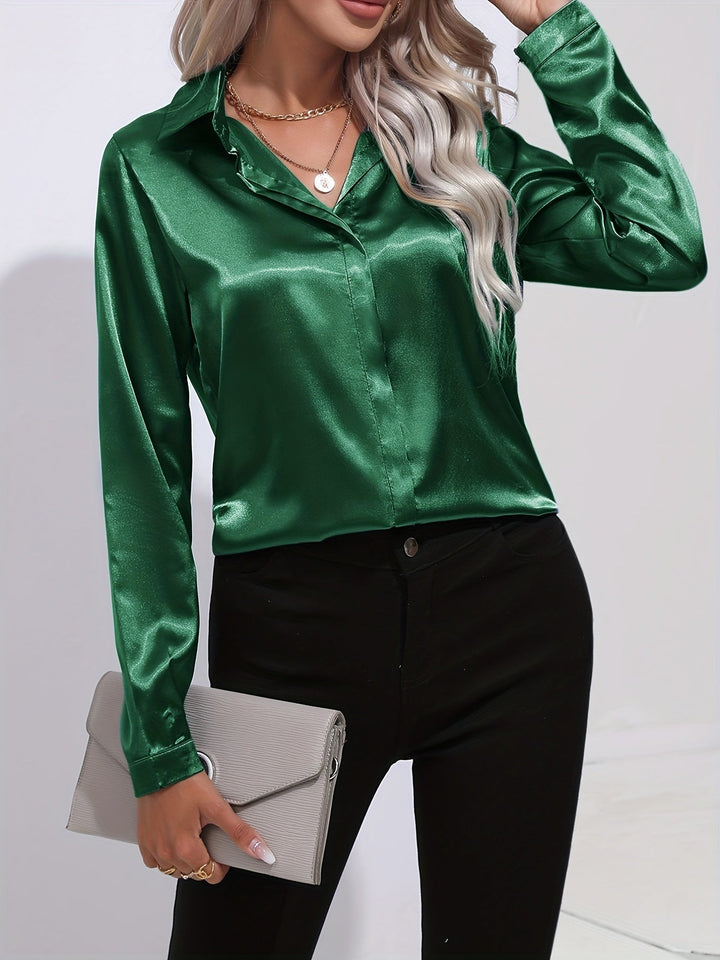Satin Blouse - Glänsande Långärmad Skjorta med Knappar för Kvinnor-Eva Jonsson