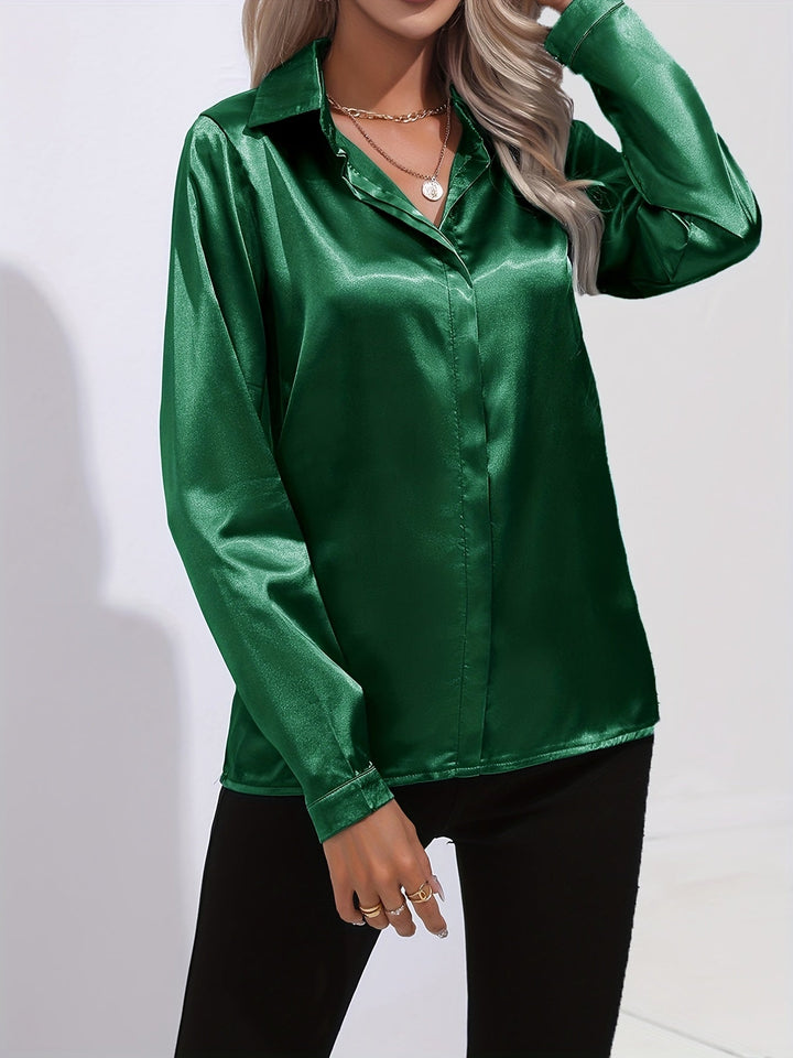 Satin Blouse - Glänsande Långärmad Skjorta med Knappar för Kvinnor-Eva Jonsson