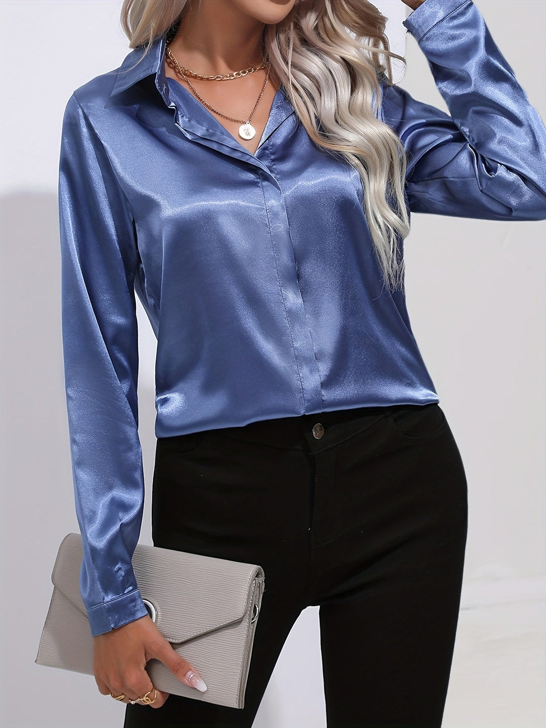 Satin Blouse - Glänsande Långärmad Skjorta med Knappar för Kvinnor-Eva Jonsson