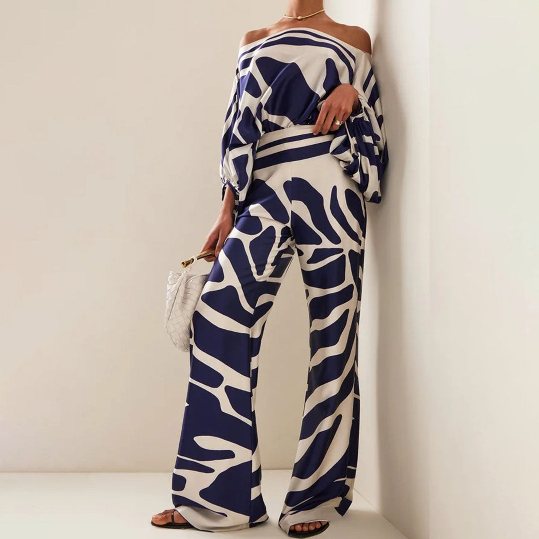 Satin Co-Ord - Tvådelat set med off shoulder-blus och byxor med vida ben för kvinnor-Eva Jonsson