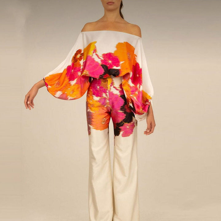 Satin Co-Ord - Tvådelat set med off shoulder-blus och byxor med vida ben för kvinnor-Eva Jonsson