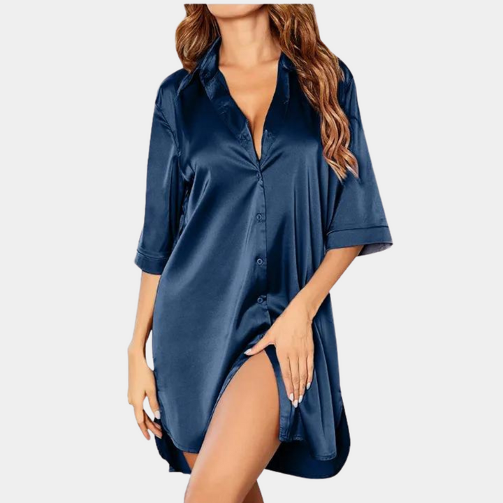 Satin Nightgown - Knäppt - Kortärmad - Satin Nightdress - Nattlinne för kvinnor-Eva Jonsson