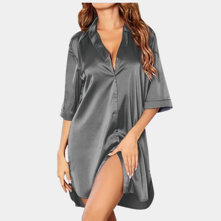 Satin Nightgown - Knäppt - Kortärmad - Satin Nightdress - Nattlinne för kvinnor-Eva Jonsson