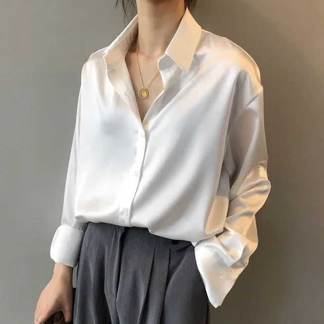 Satinblus - Elegant - Långärmad - Knäppbar blus - Satinskjortor för kvinnor-Eva Jonsson