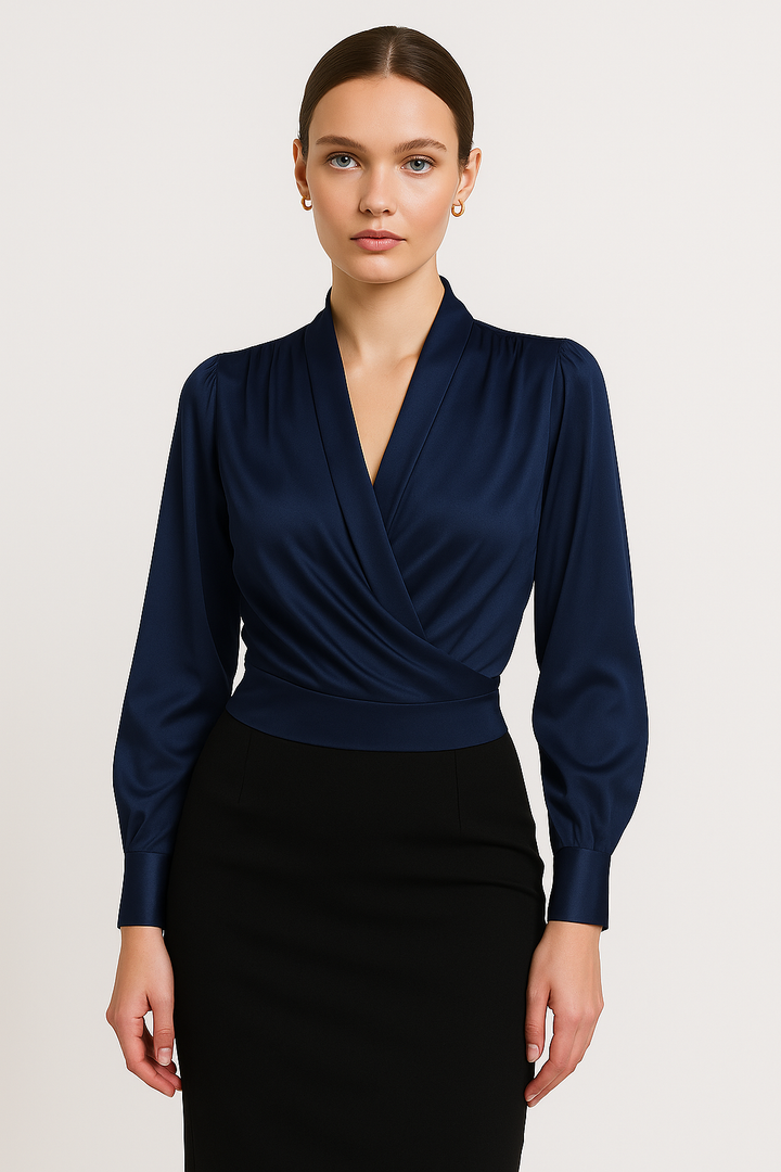 Satinblus - Långärmad - V-hals - Satinskjorta - Blus för kvinnor-Eva Jonsson