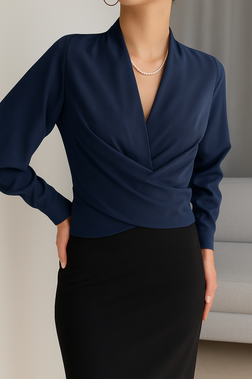 Satinblus - Långärmad - V-hals - Satinskjorta - Blus för kvinnor-Eva Jonsson