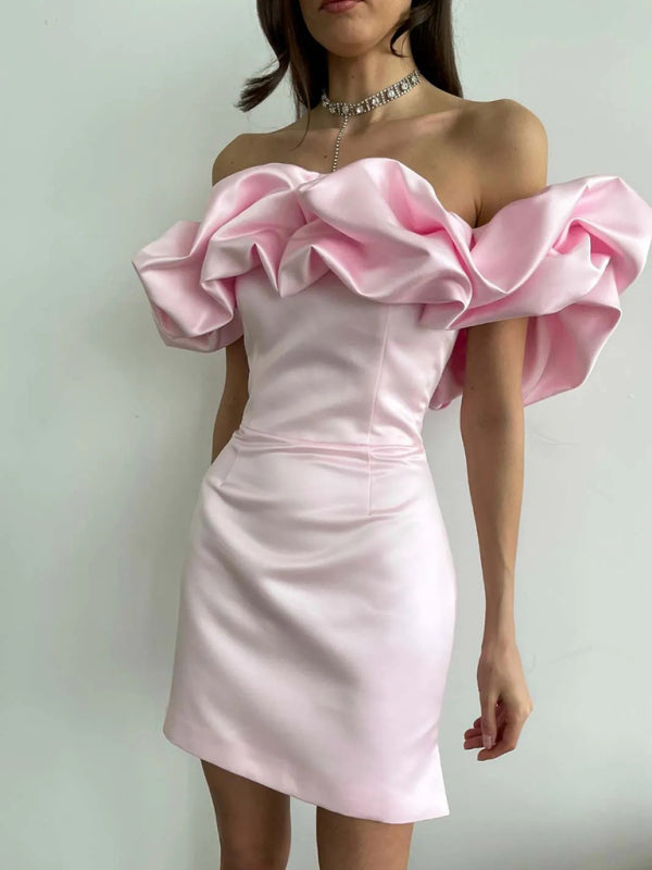 Satinklänning - Ruffle - Mini - Off-Shoulder klänning - Partyklänning-Eva Jonsson