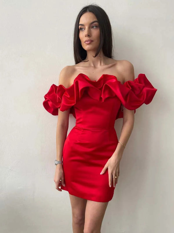 Satinklänning - Ruffle - Mini - Off-Shoulder klänning - Partyklänning-Eva Jonsson