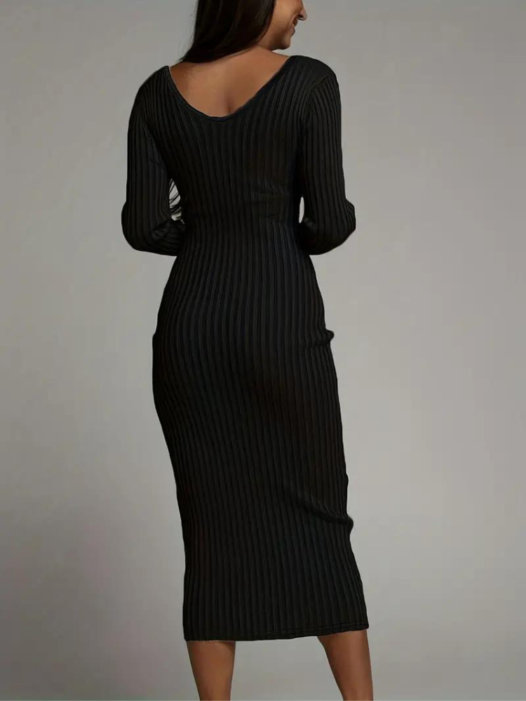 Serenella Långklänning | Långärmad ribbad bodycon-klänning-Eva Jonsson