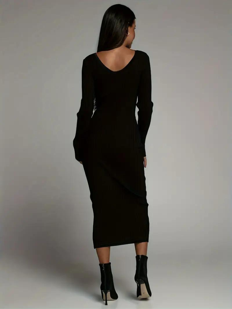 Serenella Långklänning | Långärmad ribbad bodycon-klänning-Eva Jonsson