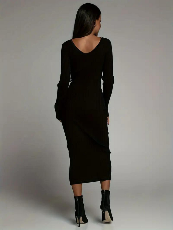 Serenella Långklänning | Långärmad ribbad bodycon-klänning-Eva Jonsson