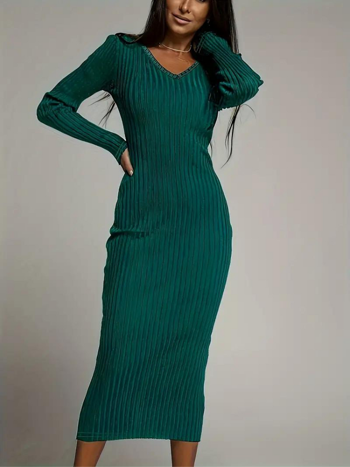 Serenella Långklänning | Långärmad ribbad bodycon-klänning-Eva Jonsson