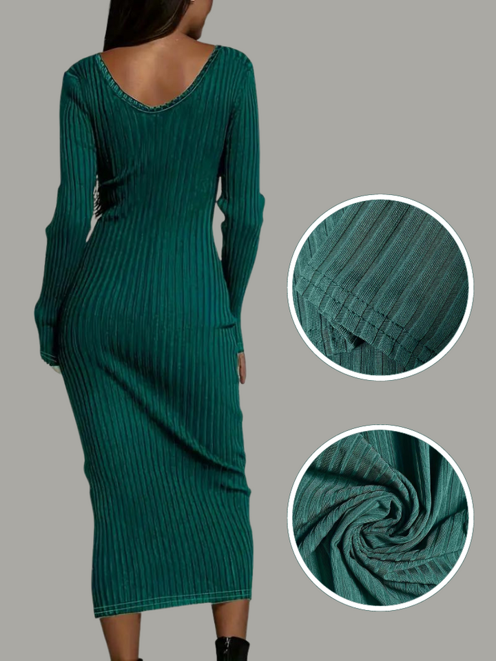 Serenella Långklänning | Långärmad ribbad bodycon-klänning-Eva Jonsson