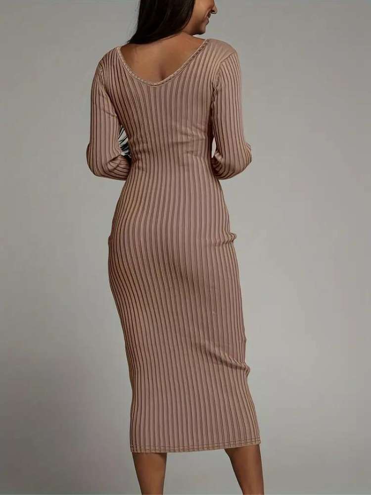 Serenella Långklänning | Långärmad ribbad bodycon-klänning-Eva Jonsson