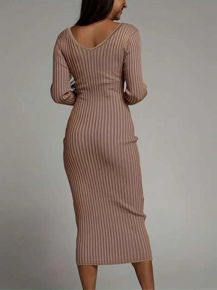 Serenella Långklänning | Långärmad ribbad bodycon-klänning-Eva Jonsson