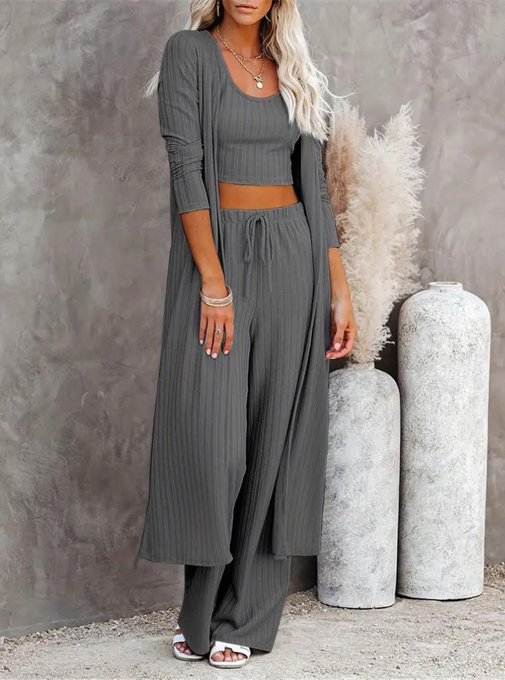Set med loungekläder, ribbat, tre delar, loungeset, matchande set-Eva Jonsson
