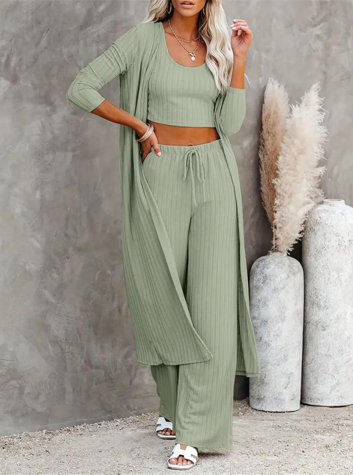 Set med loungekläder, ribbat, tre delar, loungeset, matchande set-Eva Jonsson