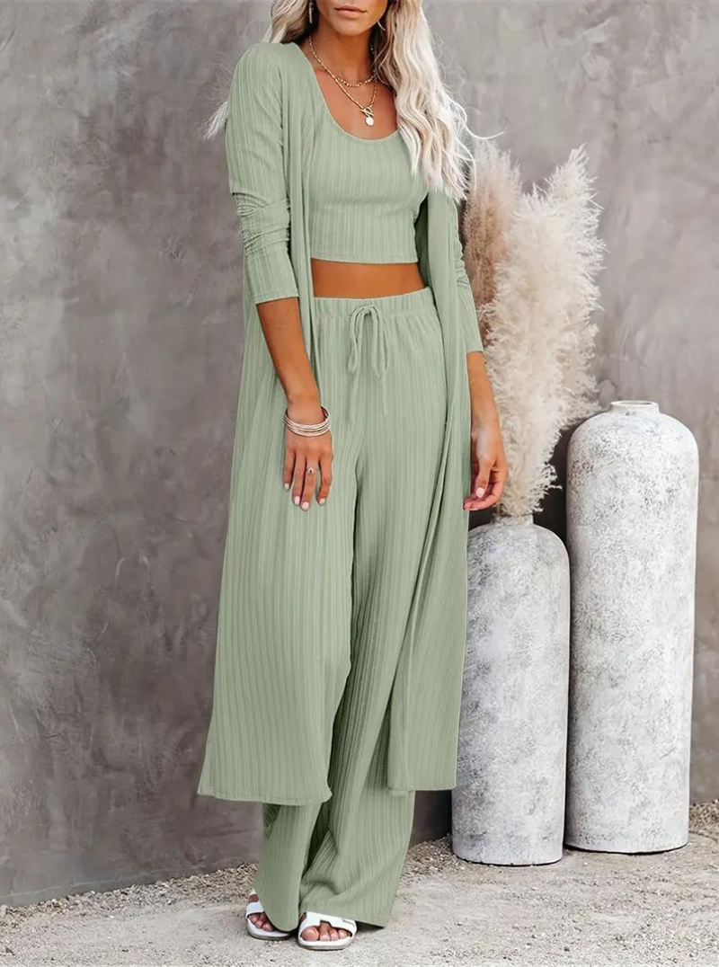 Set med loungekläder, ribbat, tre delar, loungeset, matchande set-Eva Jonsson