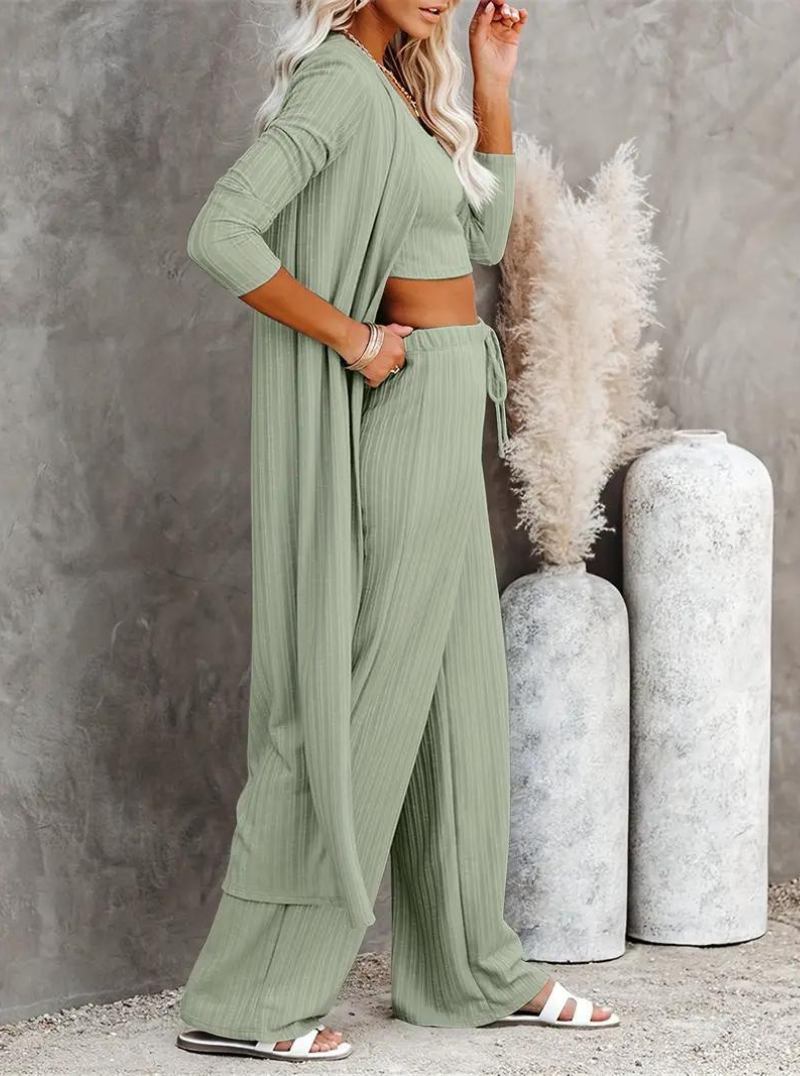 Set med loungekläder, ribbat, tre delar, loungeset, matchande set-Eva Jonsson