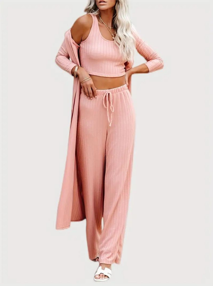 Set med loungekläder, ribbat, tre delar, loungeset, matchande set-Eva Jonsson