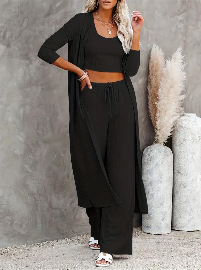 Set med loungekläder, ribbat, tre delar, loungeset, matchande set-Eva Jonsson