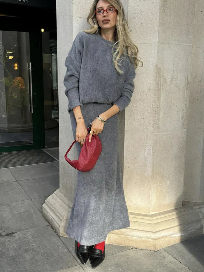 Set med stickad kjol och topp | varm | långärmad | stickad tvådelad uppsättning | kvinnlig Co-Ord Set-Eva Jonsson