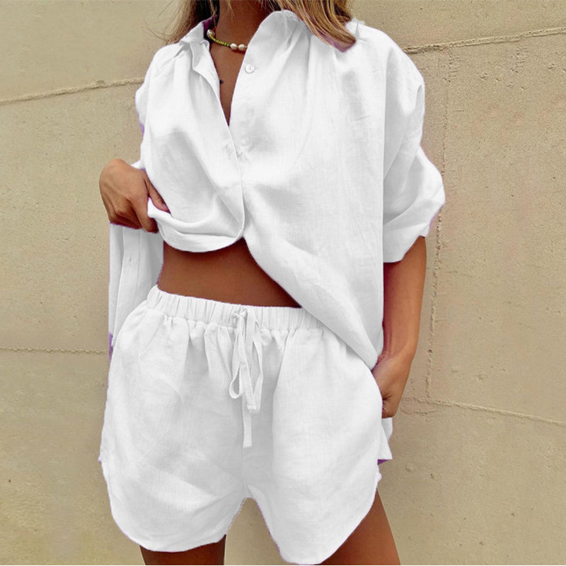 Shorts och skjorta Set | Button-Up | Loose Fit | Linne Co-Ord Set | 2-delade Set Dam-Eva Jonsson