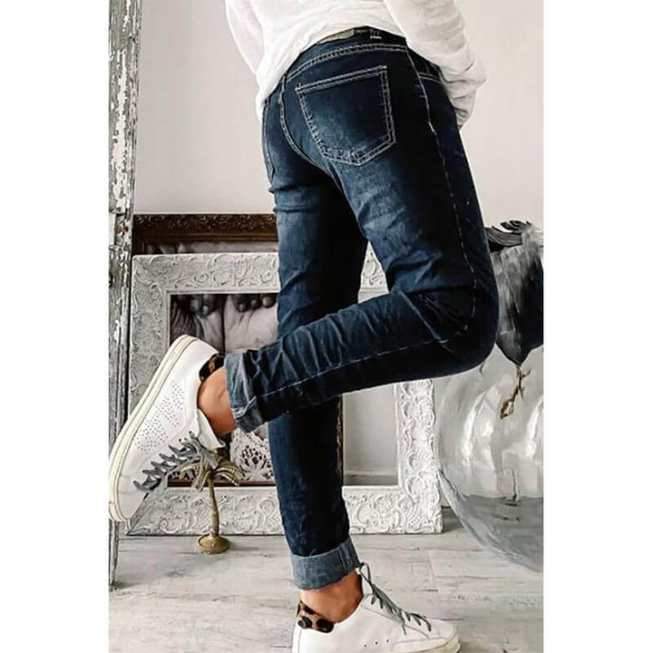 Skinny Jeans | Mörkblå | Knapp | Lågbyggda Jeans | Damjeans-Eva Jonsson