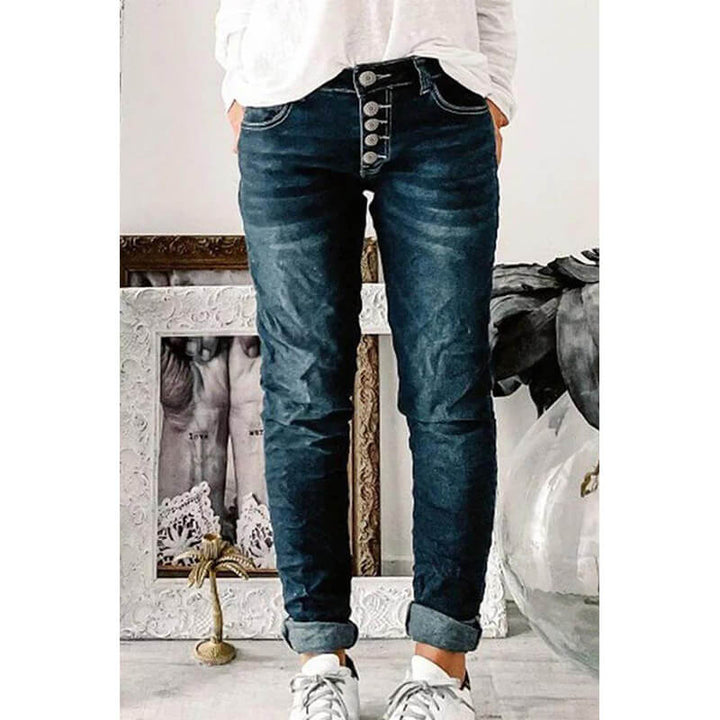 Skinny Jeans | Mörkblå | Knapp | Lågbyggda Jeans | Damjeans-Eva Jonsson