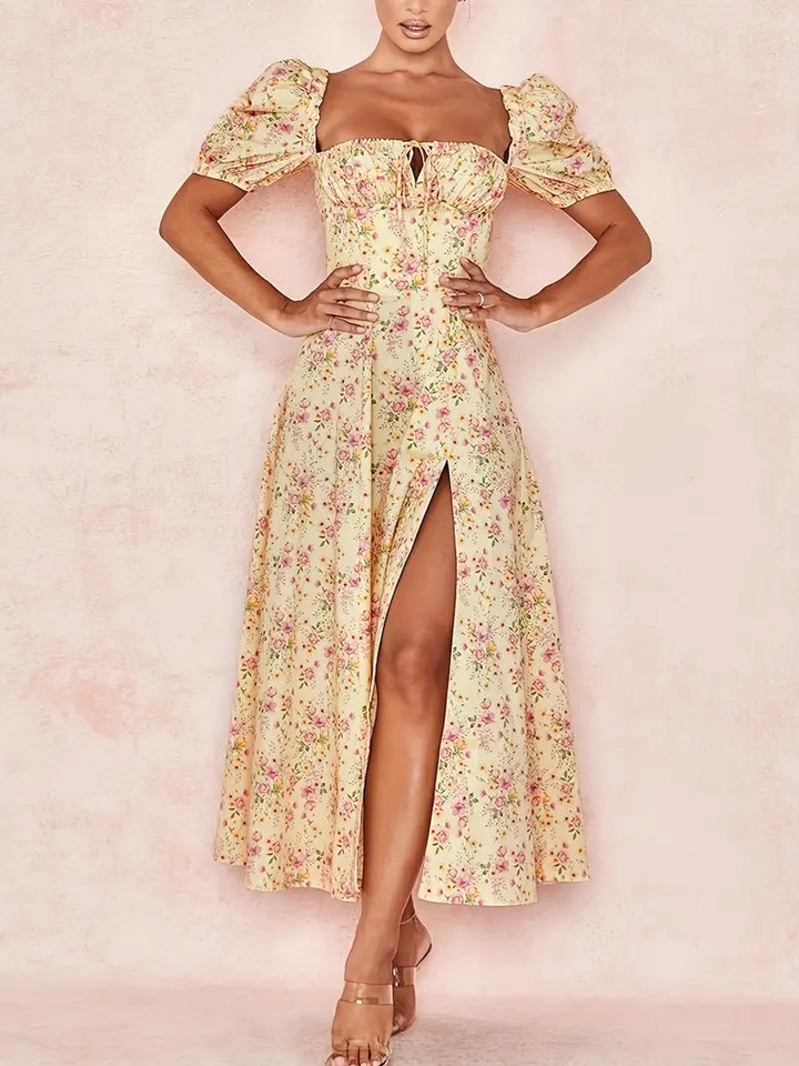 Solklänning - Blommig - Puffärm - Sommarklänning - Maxiklänning-Eva Jonsson