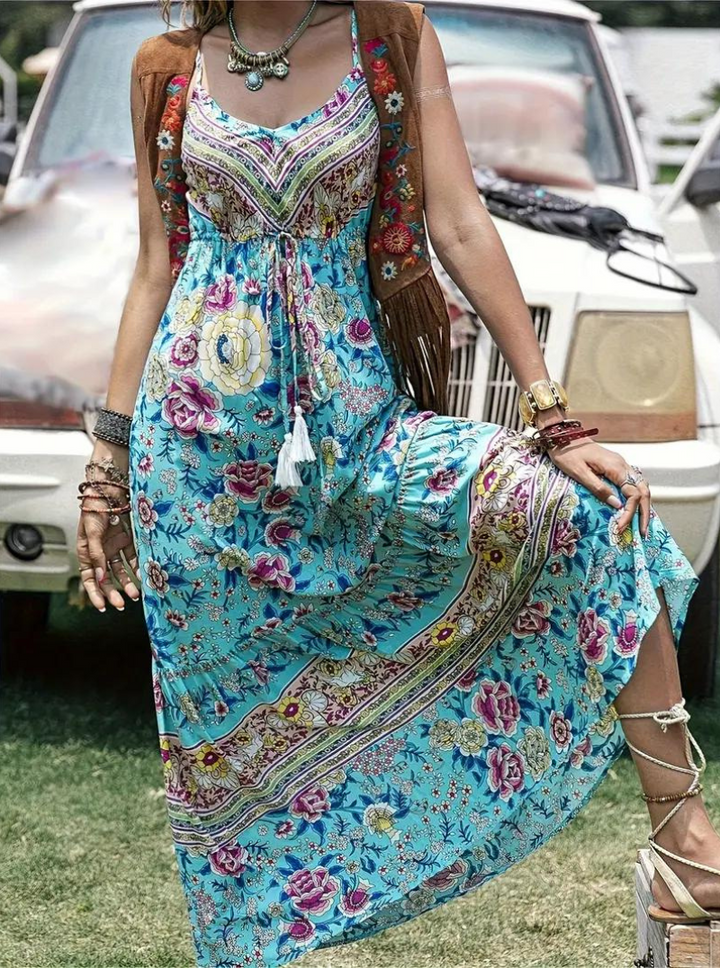 Solklänning, ärmlös, boho, blommig klänning, maxiklänning-Eva Jonsson