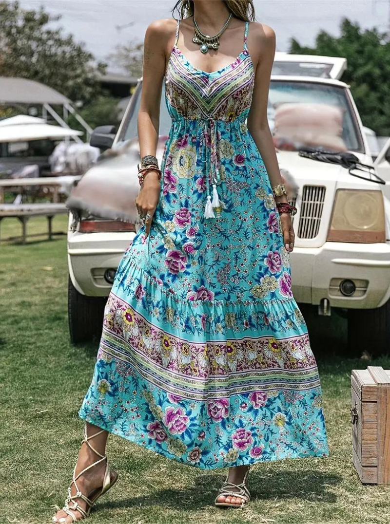 Solklänning, ärmlös, boho, blommig klänning, maxiklänning-Eva Jonsson