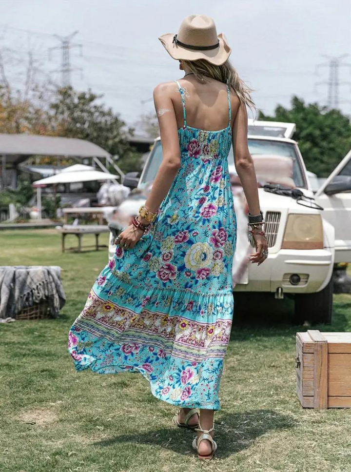 Solklänning, ärmlös, boho, blommig klänning, maxiklänning-Eva Jonsson