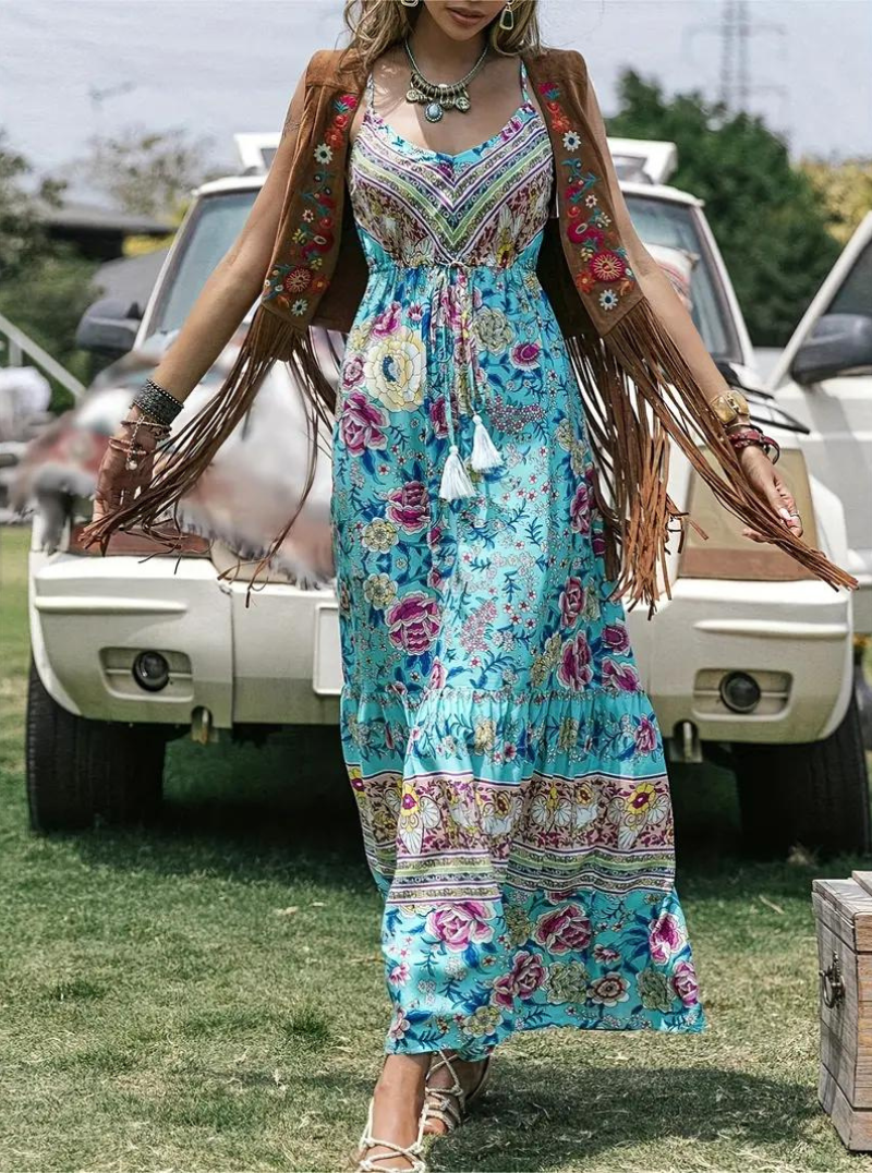 Solklänning, ärmlös, boho, blommig klänning, maxiklänning-Eva Jonsson