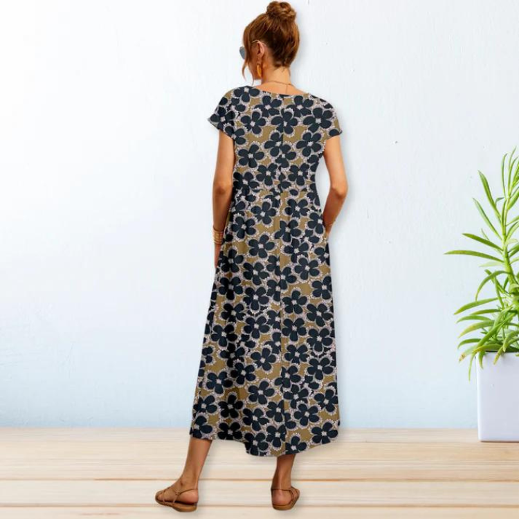 Sommarklänning | A-linjeformad | Kortärmad Blommig klänning | Lång klänning-Eva Jonsson
