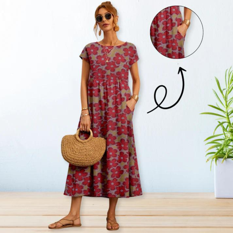 Sommarklänning | A-linjeformad | Kortärmad Blommig klänning | Lång klänning-Eva Jonsson