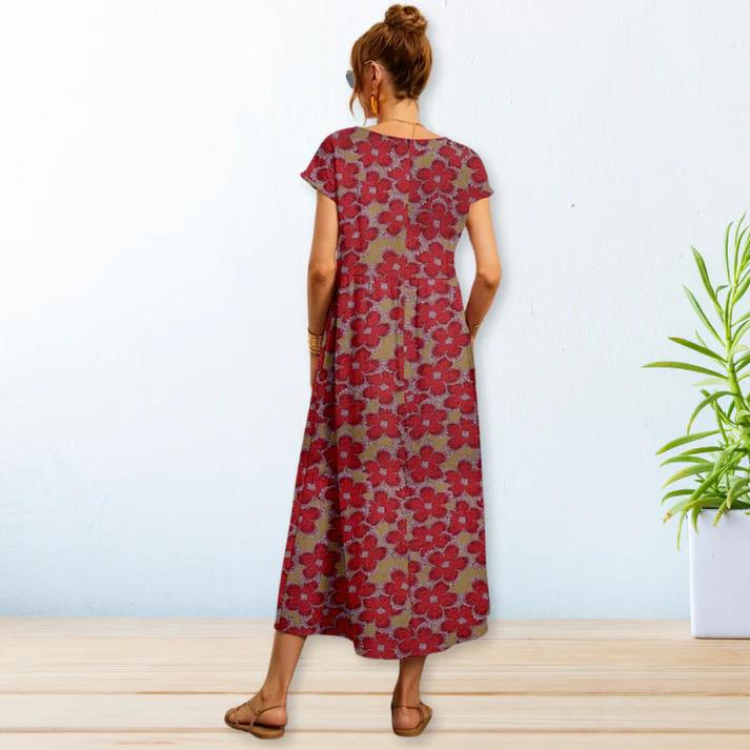 Sommarklänning | A-linjeformad | Kortärmad Blommig klänning | Lång klänning-Eva Jonsson