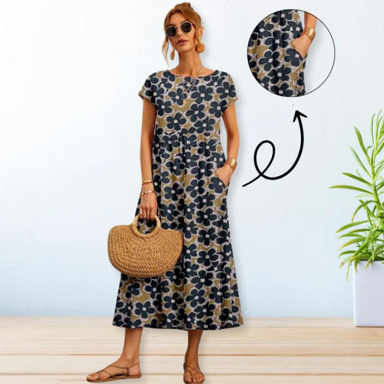 Sommarklänning | A-linjeformad | Kortärmad Blommig klänning | Lång klänning-Eva Jonsson