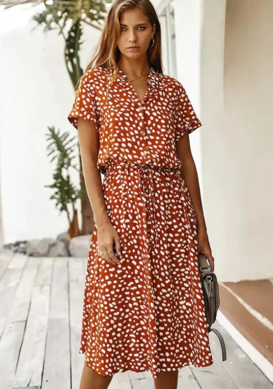 Sommarklänning | Kortärmad | Dragsko | Midiklänning | Klänning i vintagestil-Eva Jonsson