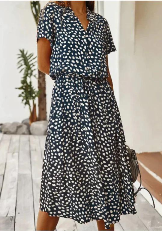 Sommarklänning | Kortärmad | Dragsko | Midiklänning | Klänning i vintagestil-Eva Jonsson