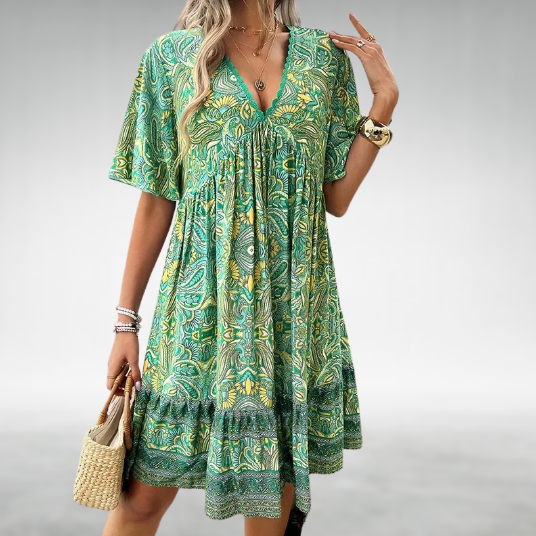 Sommarklänning | Kortärmad | V-ringad | A-linjeformad klänning | Boho klänning-Eva Jonsson