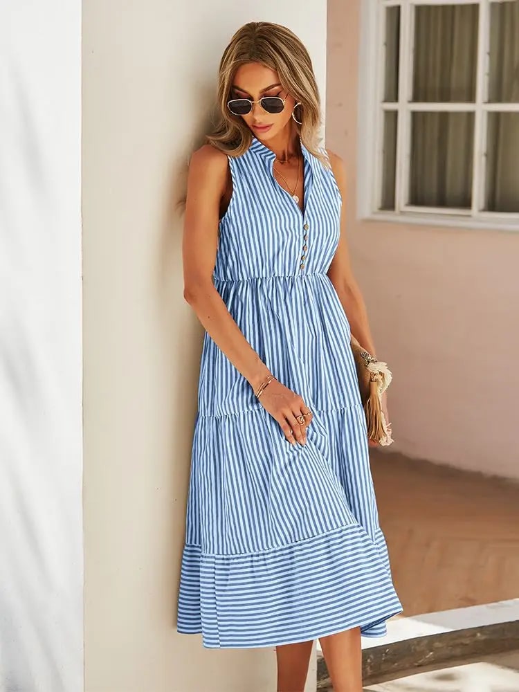 Sommarklänning - V-ringad - Ärmlös - Randig klänning - Sundress-Eva Jonsson