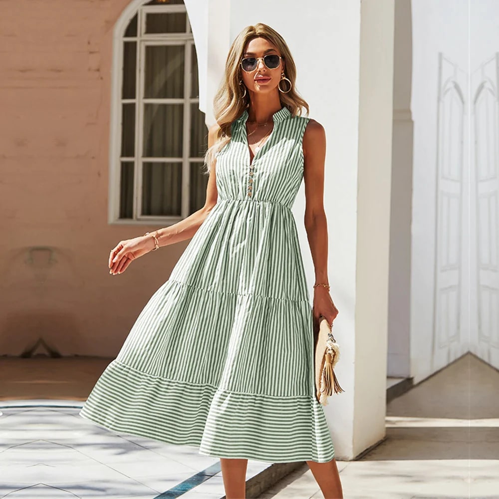 Sommarklänning - V-ringad - Ärmlös - Randig klänning - Sundress-Eva Jonsson