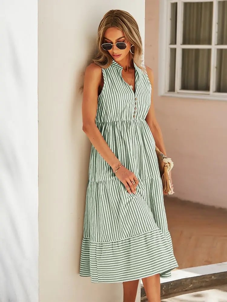 Sommarklänning - V-ringad - Ärmlös - Randig klänning - Sundress-Eva Jonsson