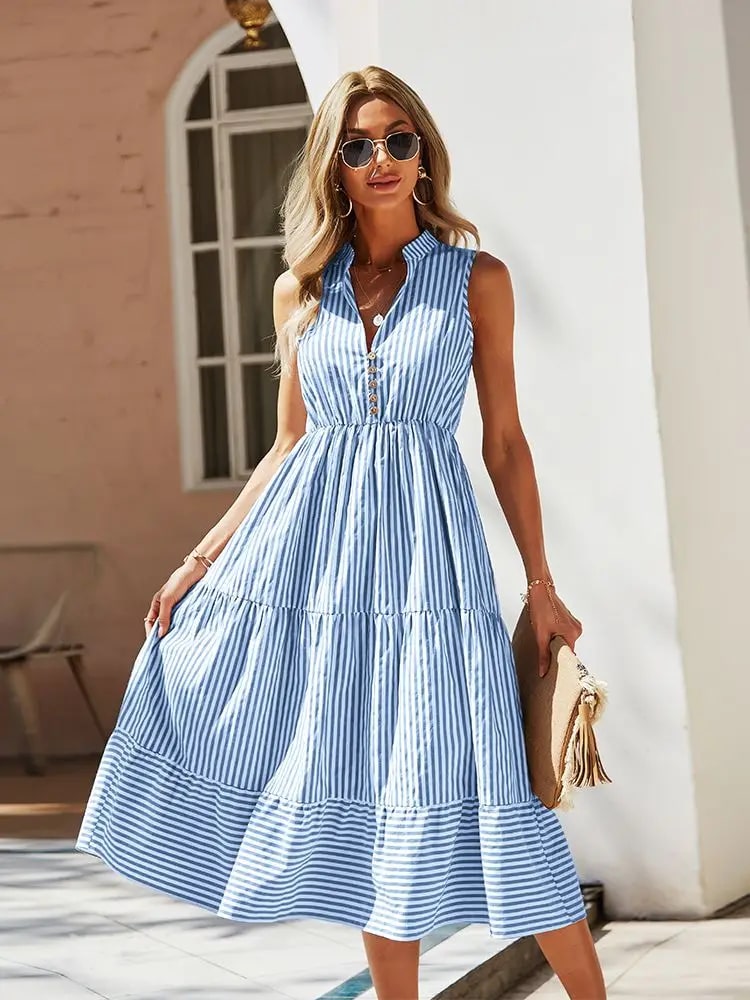 Sommarklänning - V-ringad - Ärmlös - Randig klänning - Sundress-Eva Jonsson