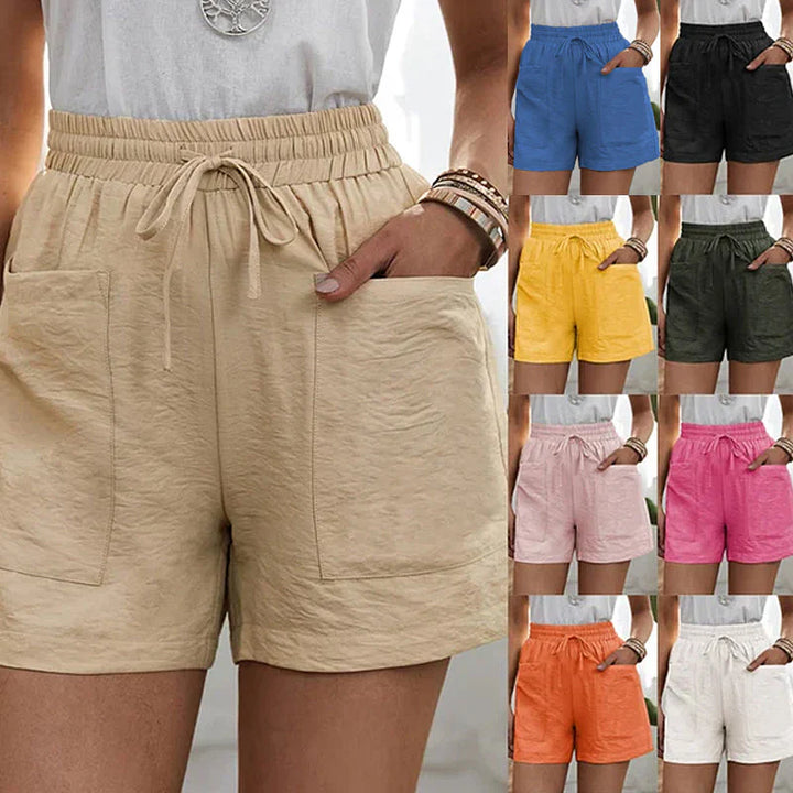 Sommarshorts - Högmidjade linneshorts med dragsko för kvinnor-Eva Jonsson